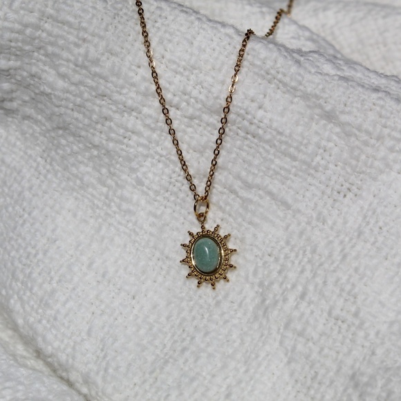 Stainless Steel Gold Necklace with Green Burst Pendant - Picture 2 of 5